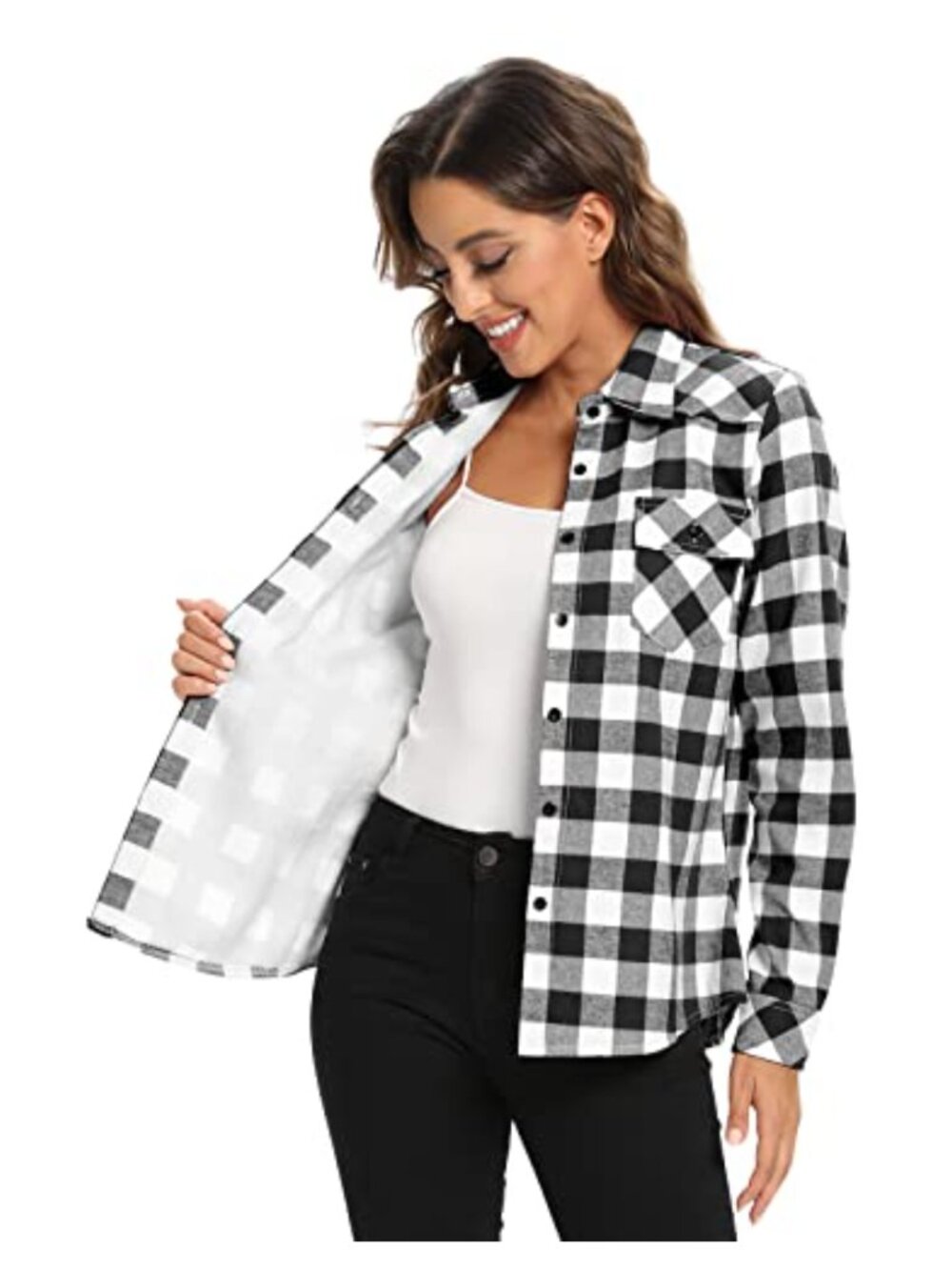 Women's Sherpa Lined Flannel Shacket Button Down Thermal Plaid Shirt